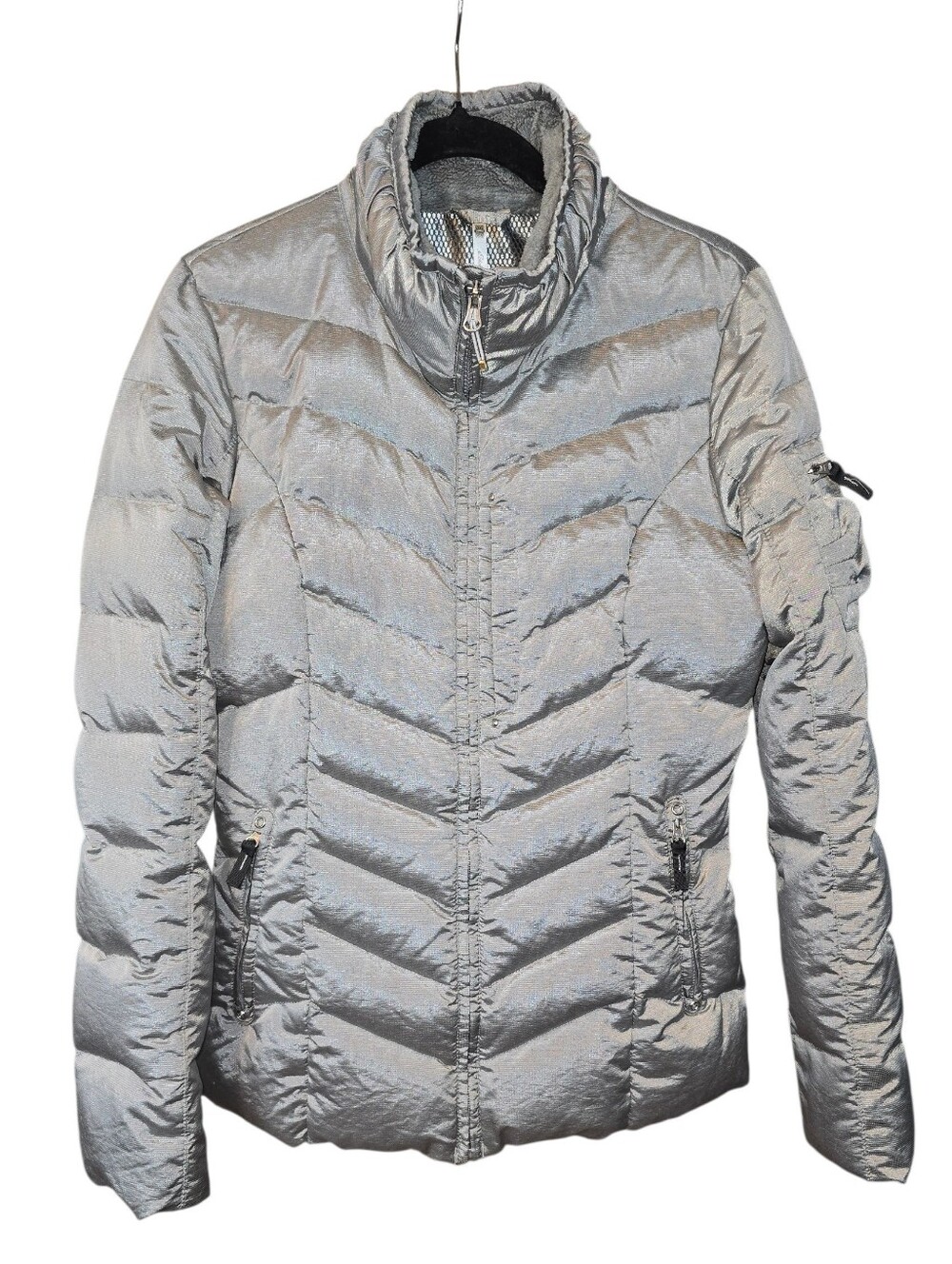 Eddie Bauer 650 Fill Goose Down Puffer Coat Metallic Silver Size Medium
